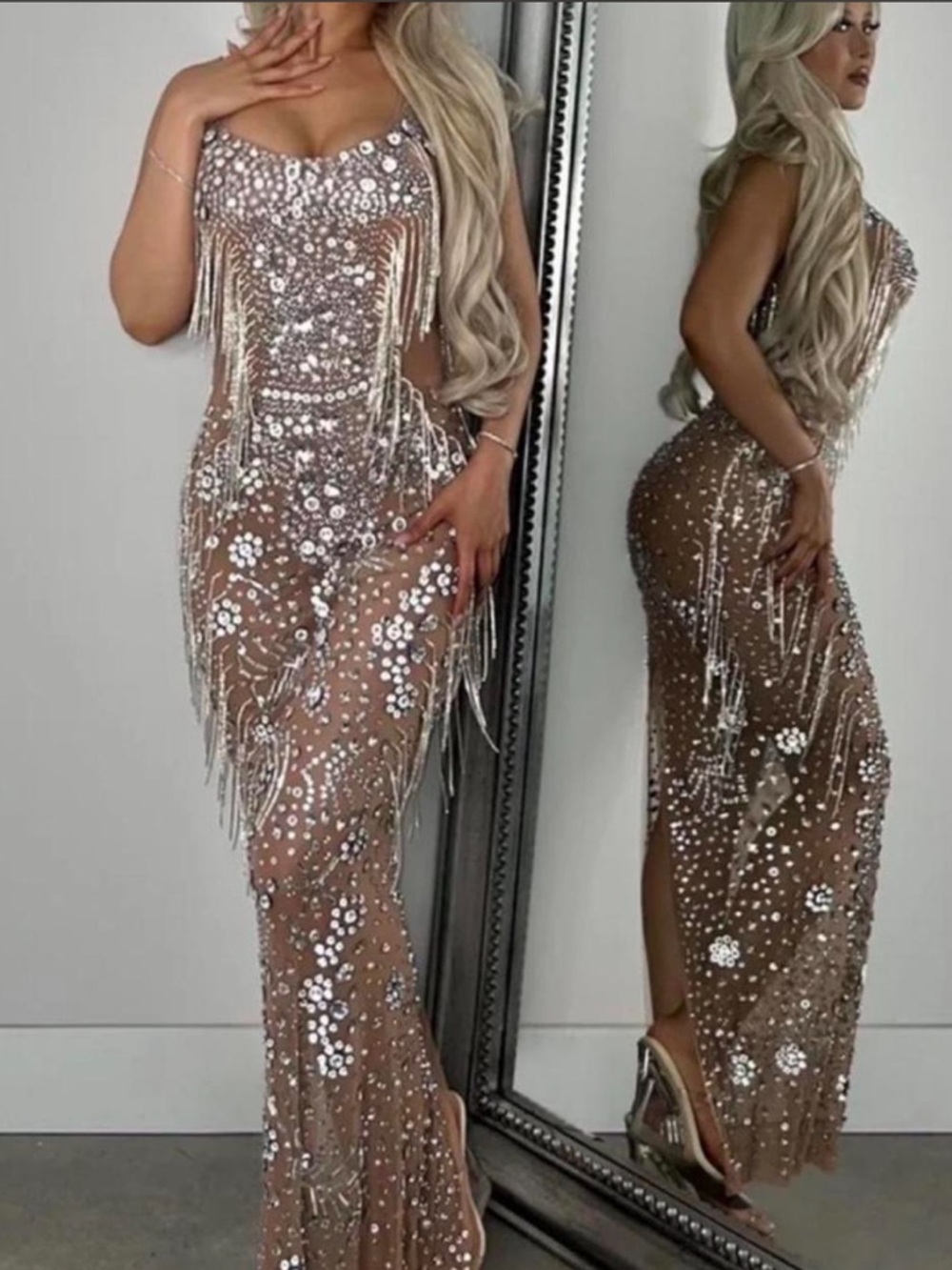 Sequin Fringe Evening Gown in Nude